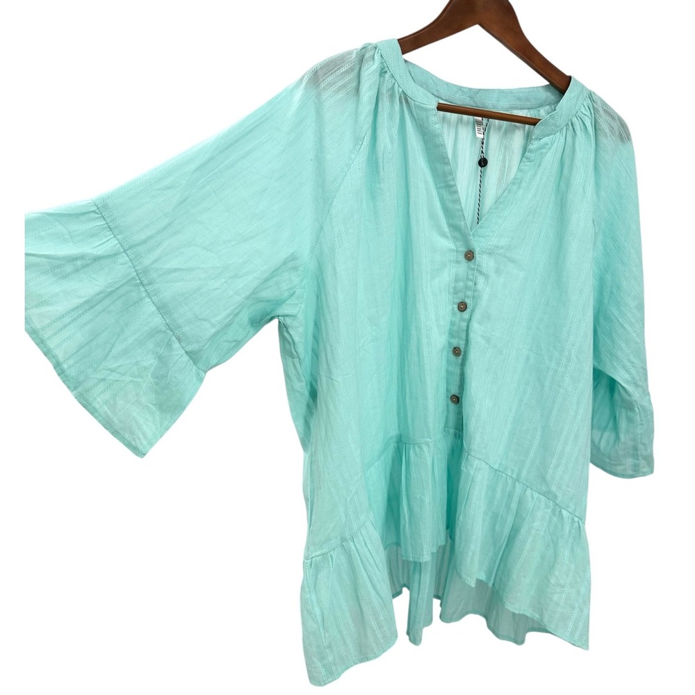 Kaktus Cotton Peplum Top Turquoise Blue Button Front Bell Sleeves Women's 3X NWT - Picture 2 of 13